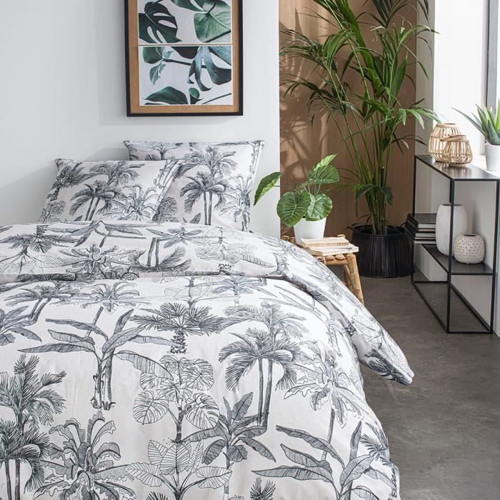 Parure de lit 2 personnes 240X260 Coton imprime blanc Jungle SUNSHINE 5.28