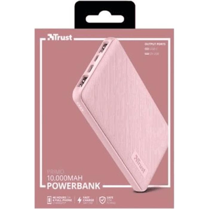 Trust - Batterie de secours externe Ultra plate -Primo- - Triple port USB - 10 000mAh - ROSE