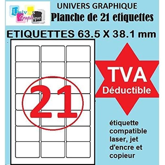 2100 étiquettes adhésif 63.5 x 38.1 mm - 100 feuilles de 21 Etiquettes autocollantes - étiquette en planche avec autocollant permane