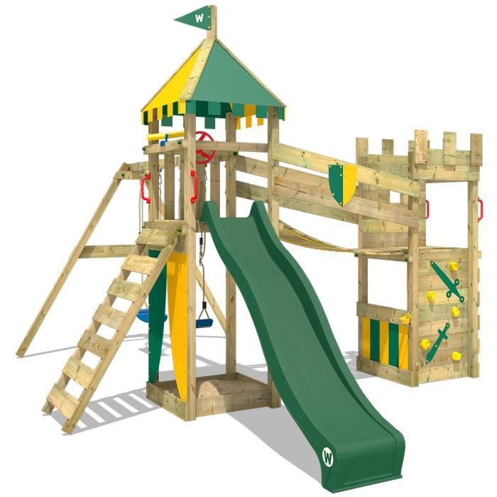 Aire de jeux WICKEY Smart Hero Portique en bois Tour d´escalade avec balançoire, toboggan et bac à sable