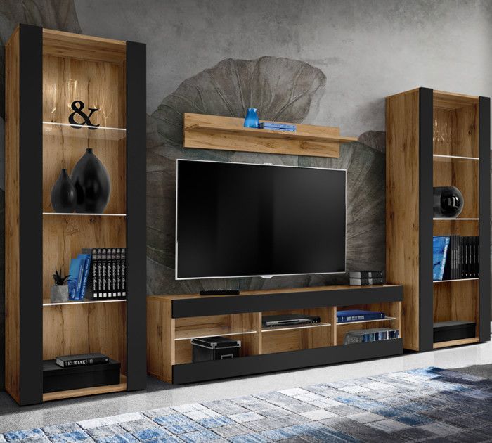 Meuble TV Tivoli Set Grande Komodee - sans LED - Noir Mat et Bois naturel - 250 x 159 x 35 cm Meuble TV Tivoli Set Grande Komodee - sans LED - Noir Mat et Bois naturel - 250 x 159 x 35 cm