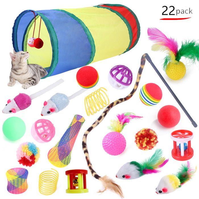 Comparer les prix de Jouets Chat 22 Pièces Jouet à Plumes pour Chat Chaton et Kitty, Kit Jouet Chats avec Tunnel, Balles,Plumes,Cloches,Souris et Boules