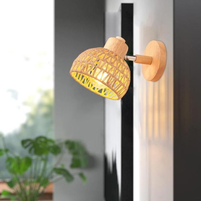 IDEGU Retro Applique Murale en Corde de Chanvre et Bois Luminaire Murale Industriel Abat-jour Design Vintage pour Salon Chambre
