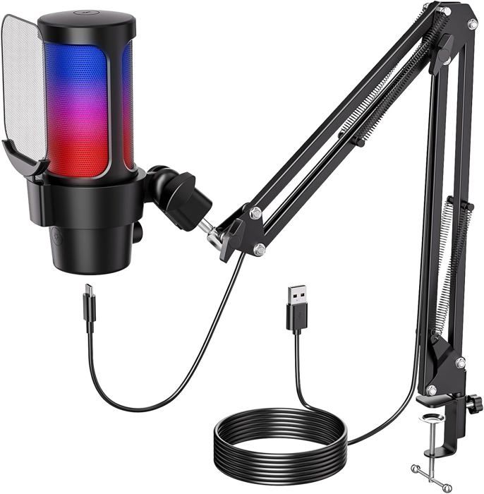 Microphone USB Gaming RGB 24 Bits/192 KHz - Micro à Condensateur Cardioïde, Plug & Play, Support Réglable - Streaming, Podcast