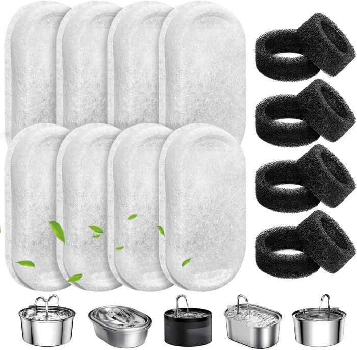 Meilleurs prix pour Filtre Fontaine à Eau pour Chat8PCS Filtres + 8PCS Éponges Convient pour Chat en Acier Inoxydable de 2L/3.2L FontainesForme