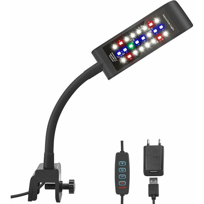 Comparer les prix de LED lampe d'aquarium à Clip,[lumière RVB + blanche] 10 niveaux de luminosité variateur,pour réservoir à poissons 20-30CM,noir