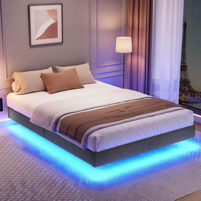 HavenlyHome Lit 140x200 avec LED RGB Sommier à Lattes Inclus Tête de Lit Design Lit Double Adulte Gris Moderne