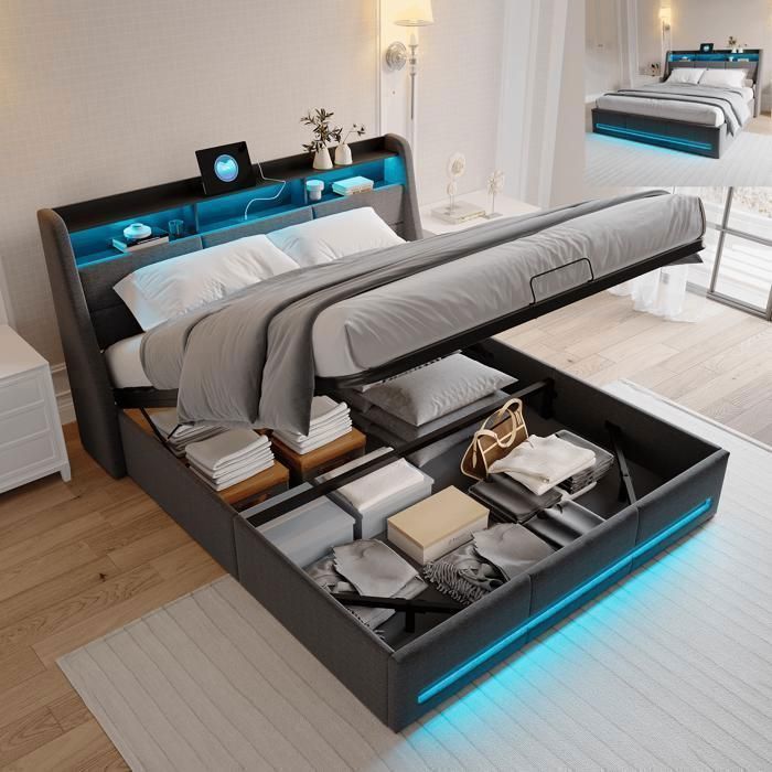 Lit coffre 160x200 cm - SUNFECILI - Gris foncé - LED - USB - 300 kg de charge