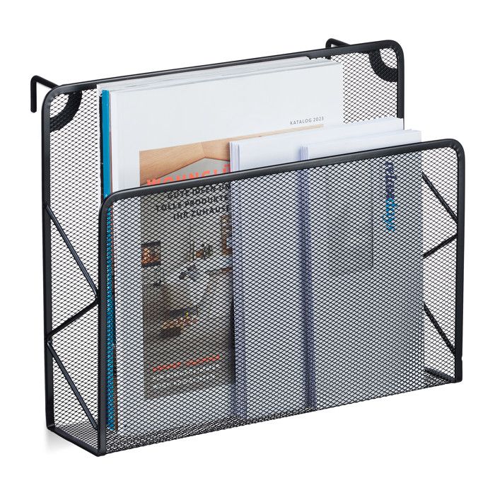Relaxdays Porte-documents journaux mural à suspendre en métal H x L x P : 28 x 35 5 x 10 cm noir