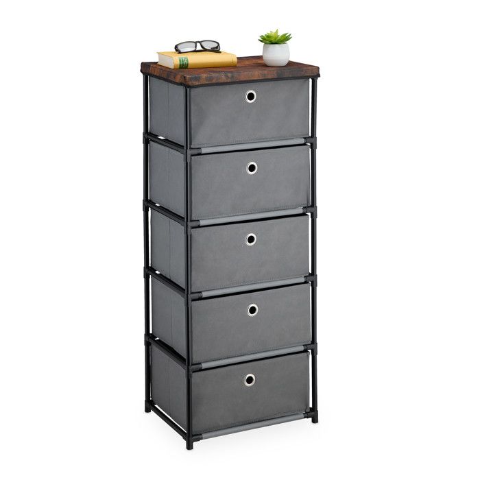 Relaxdays Commode avec 5 tiroirs en tissu structure en métal 105x43x33 cm pour le salon ou lentrée gris et marron
