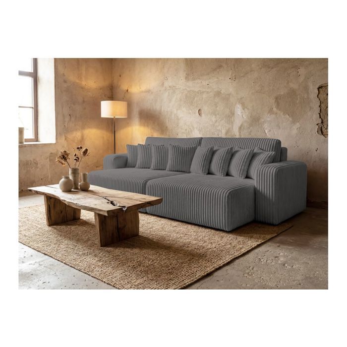 Canapé droit 4 places JADE double méridienne et assise profonde en velours côtelé épais - Gris foncé