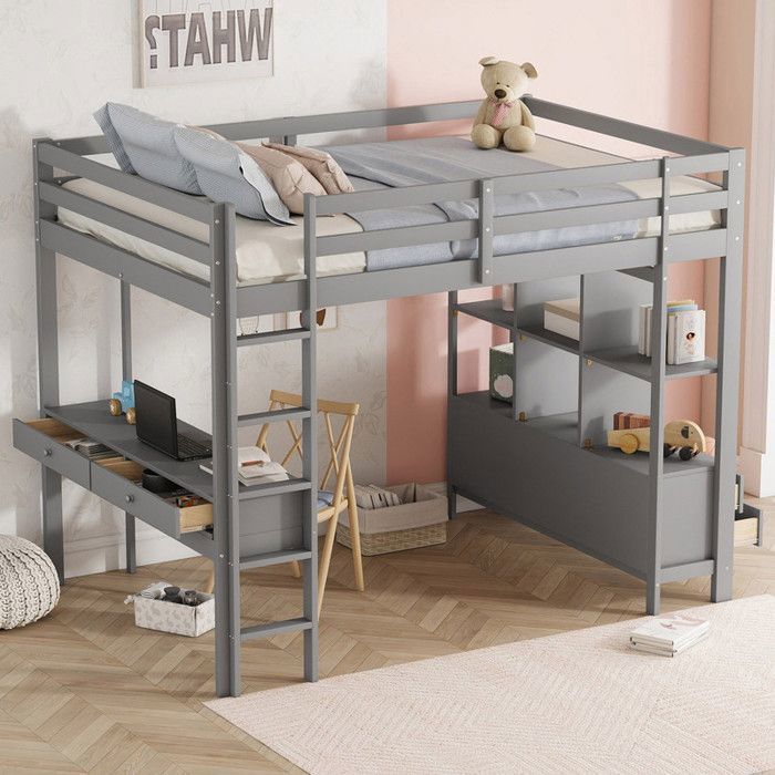 Lit Mezzanine 140X200 cm Lit 1 Personne avec Tiroirs de Rangement et Bureau Sous le Lit Lit Simple Enfant avec Garde-Corps Gris