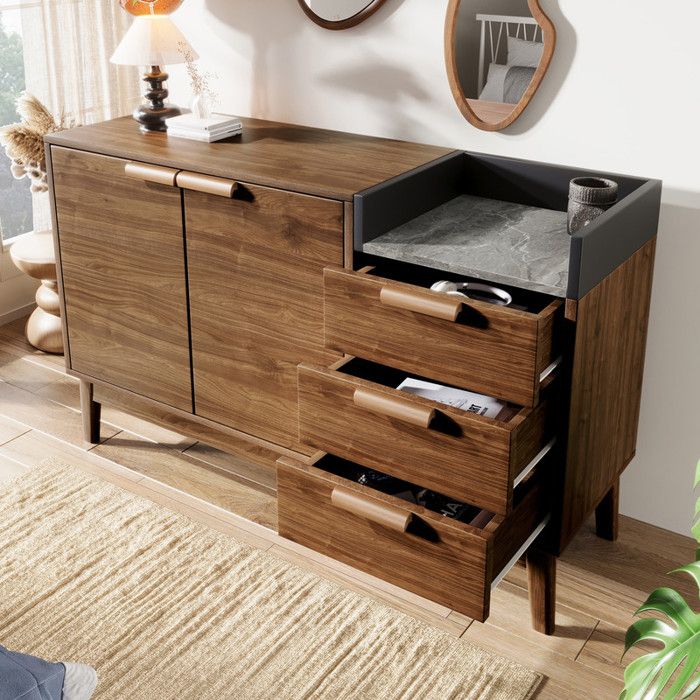 Commode en chêne 77x120x40cm - Plateau effet marbre + 3 tiroirs et portes doubles - Pieds en bois massif
