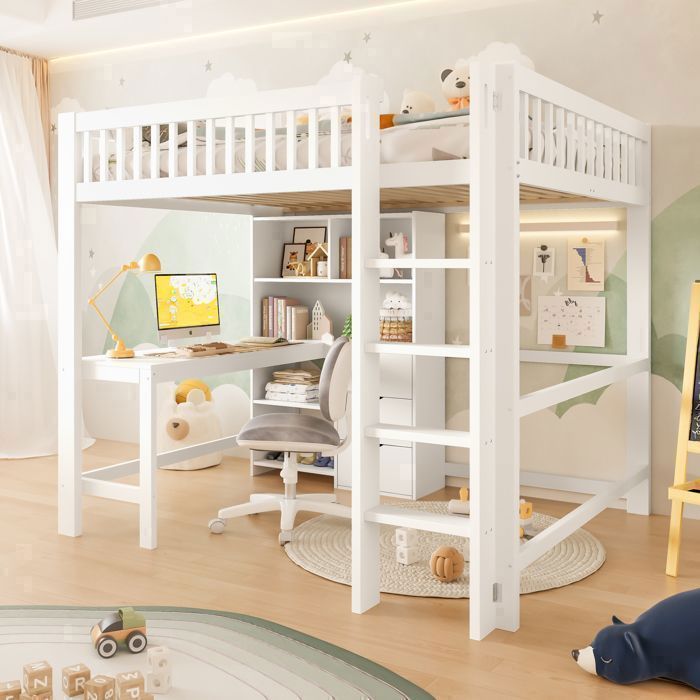Lit Mezzanine Blanc- MERAX - 140x200 cm avec Bureau Intégré 3 Tiroirs et étagère de rangement Lit Mezzanine Blanc- MERAX - 140x200 cm avec Bureau Intégré 3 Tiroirs et étagère de rangement