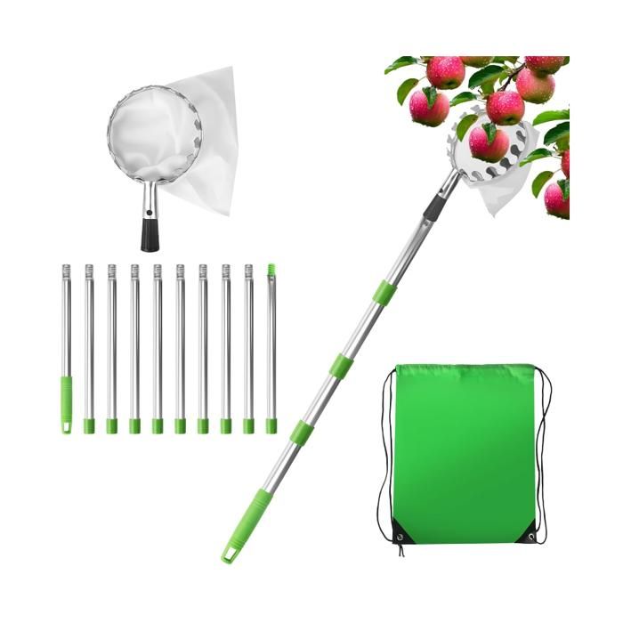 QWORK Cueilleur De Fruits 4M Manche Télescopique – Outil Acier Inox Avec Sac De Cueillette