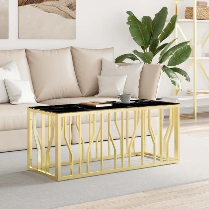 Table basse classique - VIDAXL - Doré - 110x45x45 cm - Acier inoxydable - Verre trempé - Finition marbre noir