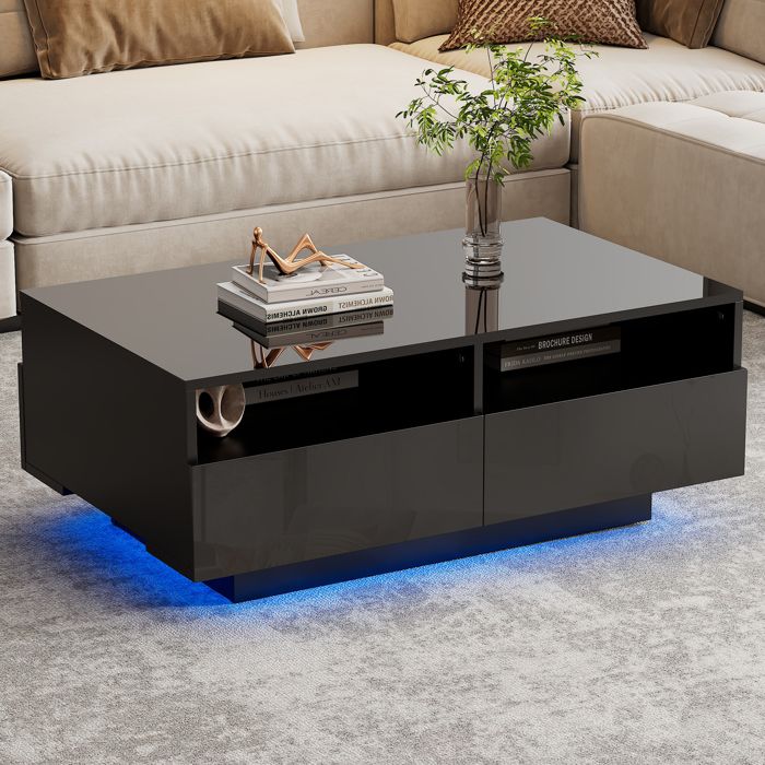 Table Connectee Table Basse Connectée Noire - 90x55x35 cm, Avec 2 Tiroirs, Éclairage ...