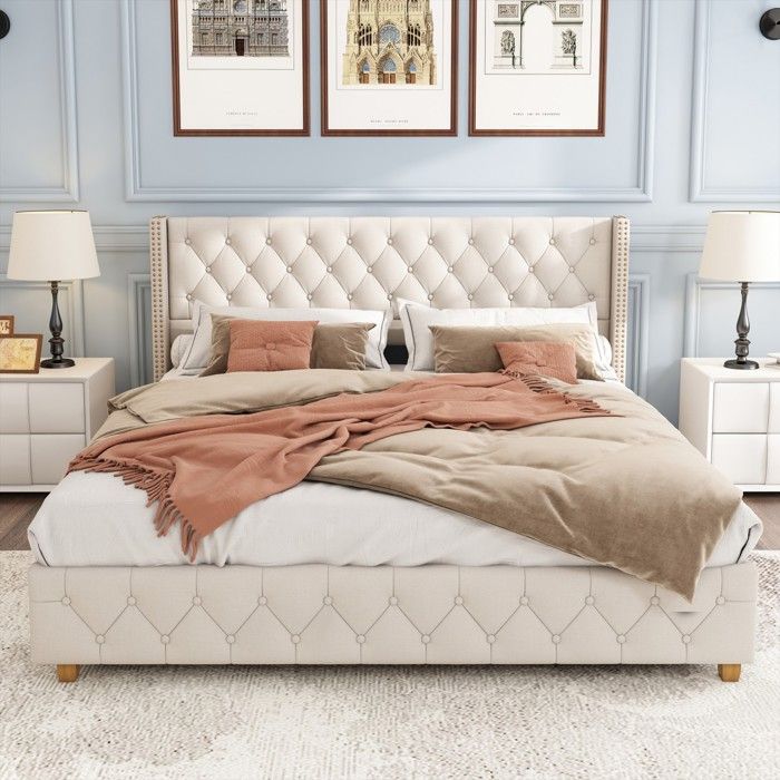 Lit Capitonné 160x200 cm capitonnée à rivets avec sommier lattes et pieds en bois tissu lin beige - Sans Matelas Lit Capitonné 160x200 cm capitonnée à rivets avec sommier lattes et pieds en bois tissu lin beige - Sans Matelas