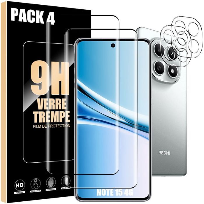 2 Verres Trempés et 2 Vitres Caméra Arrière pour Xiaomi Redmi Note 15 4G - Protection Anti-Rayures