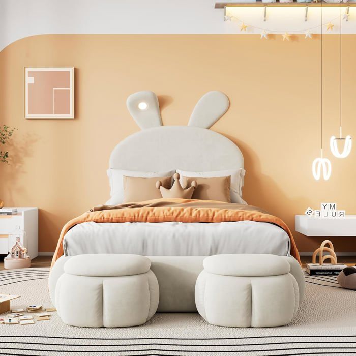 Lit simple rembourré 90 x 200 cm design oreilles de lapin avec fonction de luminosité réglable 2 tabourets de multi LIT COMBINE