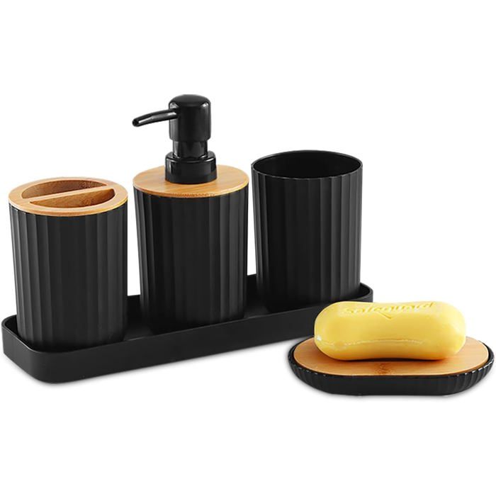 Accessoires salle de bain plastique noir distributeur savon porte-savon bambou couvercle. Label