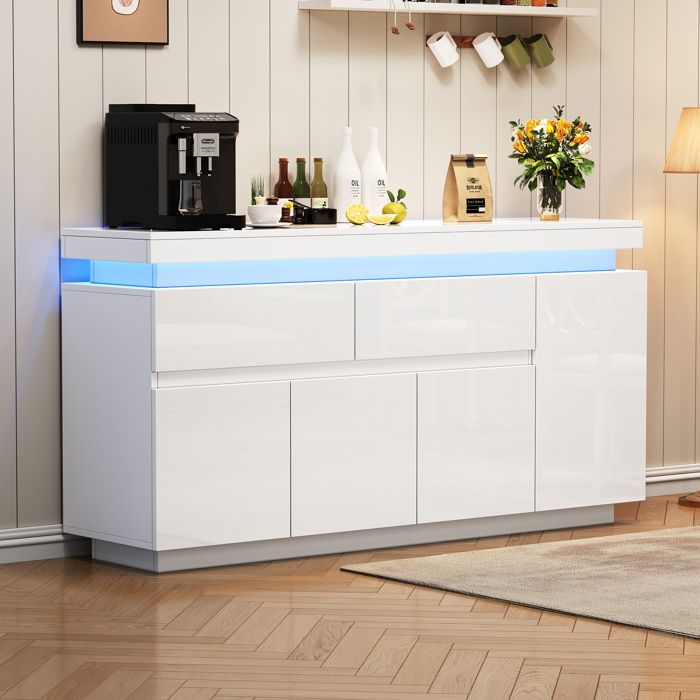 Buffet design blanc 140 cm brillant - 2 tiroirs 4 portes et éclairage LED - Rangement moderne pour salon Buffet design blanc 140 cm brillant - 2 tiroirs 4 portes et éclairage LED - Rangement moderne pour salon