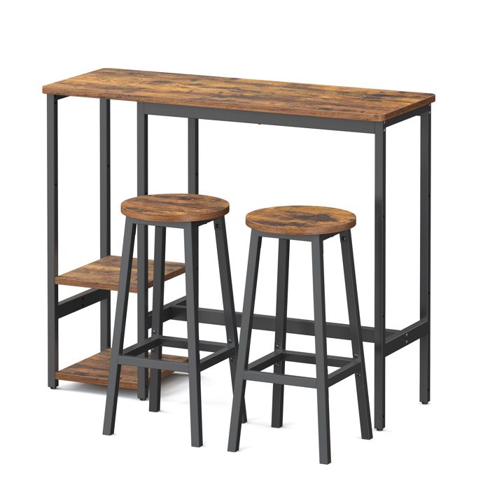 Ensemble Bistrot 3 Pièces Table avec Étagères Chaises de Cuisine Structure en Acier pour Salon Marron et Noir