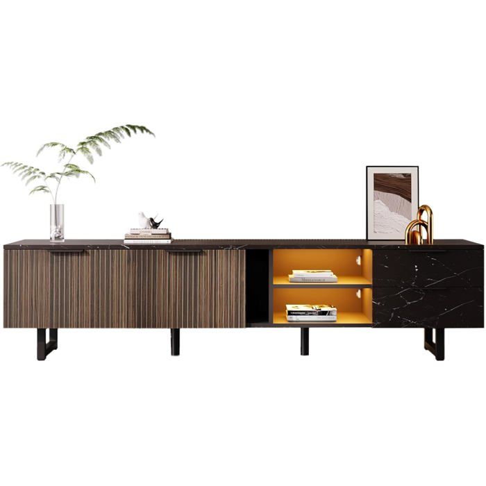 Meuble TV avec lumière LED grain de bois foncé et aspect marbre pieds en métal noir meuble TV moderne pour salon 200x38x50cm