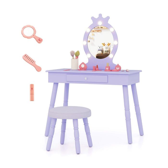 Coiffeuse enfant - HELLOSHOP26 - 70x34x99 cm - Miroir éclairé 3 modes - Tabouret rembourré - Anti-basculement