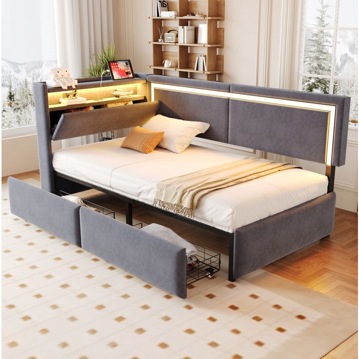 Schlafsofa 90 x 200 cm avec LED et prise USB Gris Maisentiel