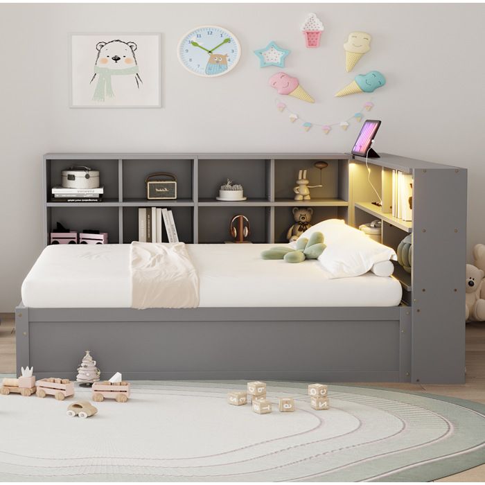 Lit simple gris 90×200 cm avec rangement prise multifonction et LED structure bois montage nécessaire