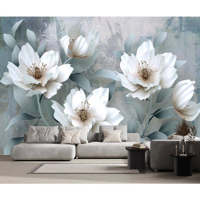 Papier Peint Panoramique Fleurs Blanches Vintage 310x250cm Papier Peint ...
