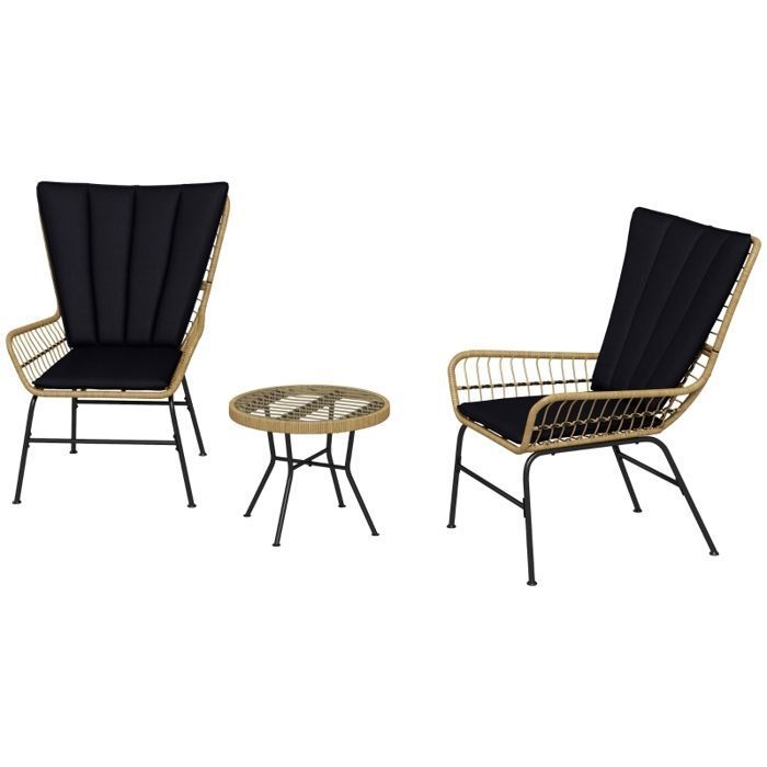 Ensemble de mobilier de jardin en rotin 3 pièces comprenant 2 chaises et une table dappoint plateau en verre trempé et coussins. Ensemble de mobilier de jardin en rotin 3 pièces comprenant 2 chaises et une table dappoint plateau en verre trempé et coussins.