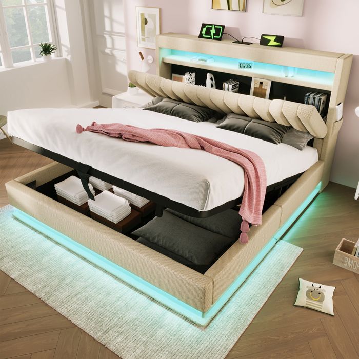 Lit coffre hydraulique 160x200 cm lit double rembourré avec éclairage LED tête de lit rangements et prises USB tissu lin - beige