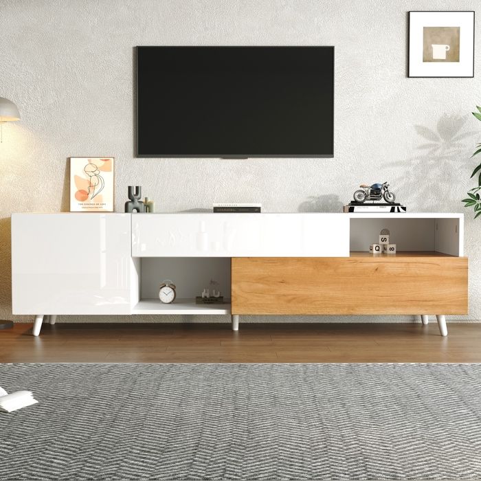 Meuble TV - KOMHTOM - 180×38×50 cm - Blanc brillant & bois - 1 tiroir rangements multiples - Pour TV 75 pouces Meuble TV - KOMHTOM - 180×38×50 cm - Blanc brillant & bois - 1 tiroir rangements multiples - Pour TV 75 pouces