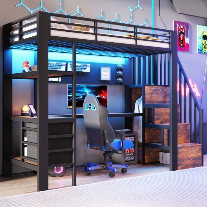 Lit mezzanine e-sport 90 x 200 cm lit simple en métal pour enfant bureau tiroir étagère prise électrique et lampe LED noir