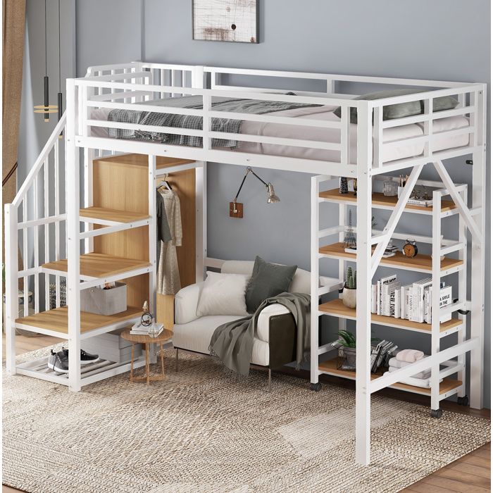ULEVR Lit mezzanine 90x200 cm blanc et naturel en métal et MDF avec garde-corps escalier penderie et étagère à roulettes