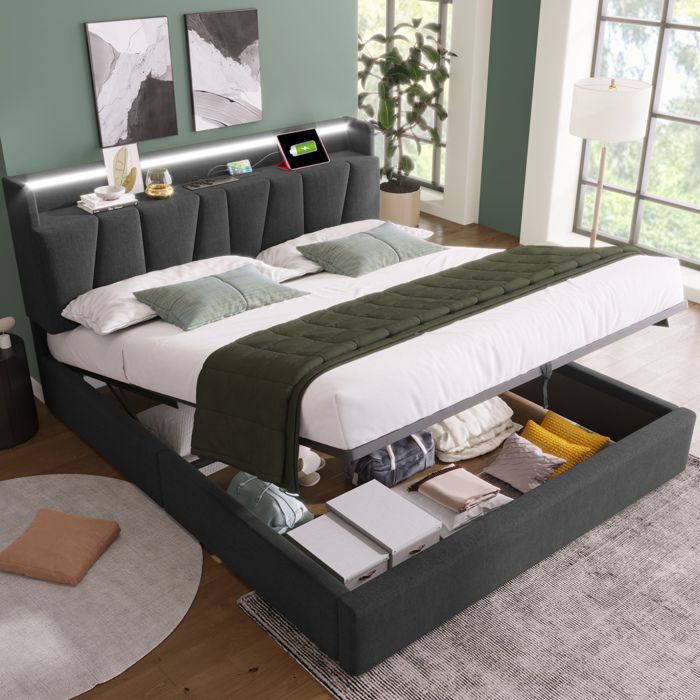 Lit coffre 140x200 cm lit double avec port USB tête de lit avec rangement et éclairage LEDgris
