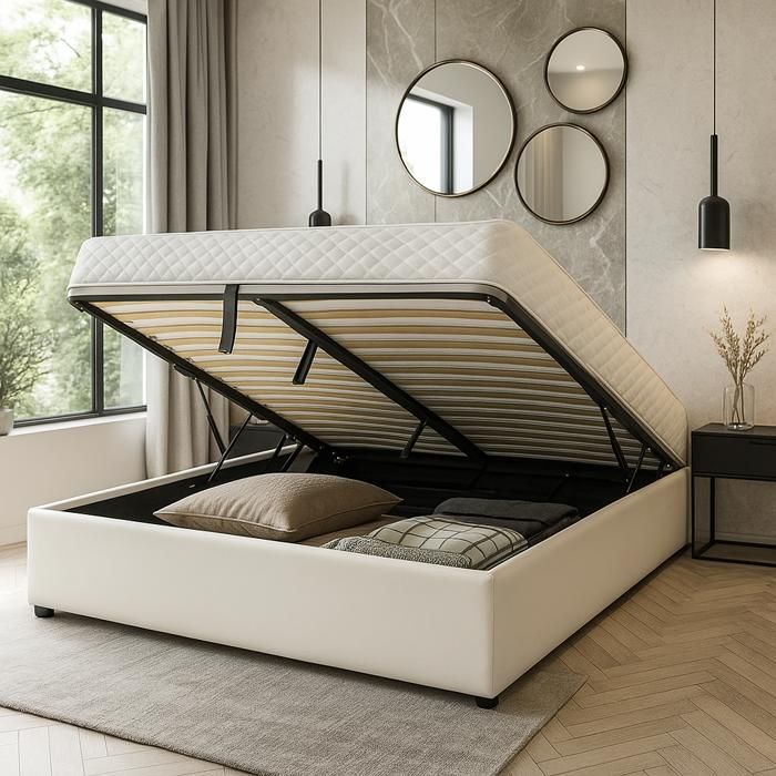 Sommier coffre - SAMPUR - Vegas - 180x200 cm - Simili cuir blanc - Coffre 900 L
