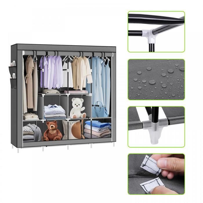 KEDIA Armoire de Rangement en Tissu Penderie avec Housse Placard Cadre en Métal pour Chambre (167x45x170)cm Gris foncé