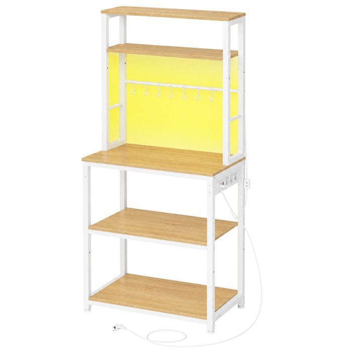 Desserte de cuisine avec Prises Étagère Micro-ondes LED Intégrée 8 Crochets Étagères Réglables Jaune et Blanc