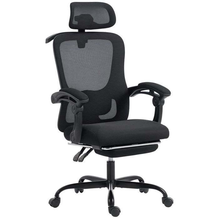 LIA Chaise bureau ergonomique fauteuil de bureau en maille avec appuie-tête réglable support lombaire 64x64x124cm noir