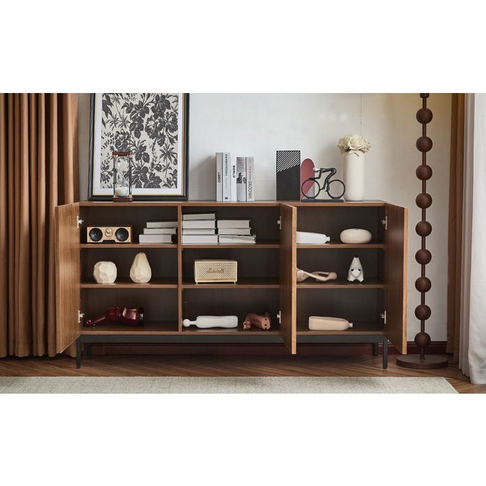 Buffet bas - SOGEU - 150 x 40 x 80 cm - Chêne foncé nervuré - 3 portes - Design 3D ondulé