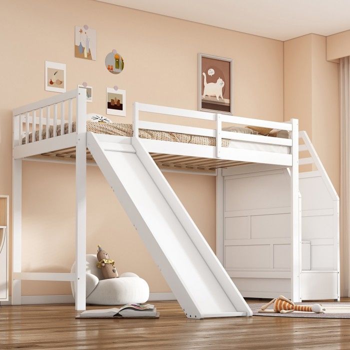 Lit mezzanine enfant 90x200cm blanc avec toboggan échelle modulable barrière sécurité amovible certifié EN747 sans matelas Lit mezzanine enfant 90x200cm blanc avec toboggan échelle modulable barrière sécurité amovible certifié EN747 sans matelas
