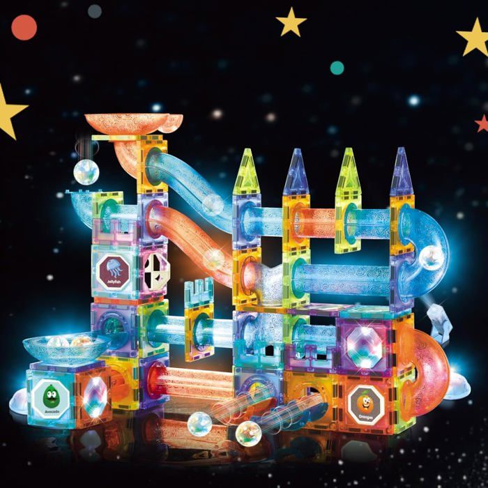 142pcs Bloc de Construction Magnétique Construction Magnetique Enfant avec LED Circuit Billes Cadeau Garçon et Filles