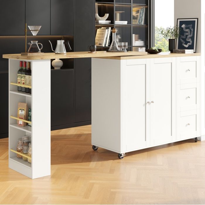 ELVORIN Meuble bar pivotant 360° 203 x 39 x 104 cm MDF sur roulettes 3 tiroirs rangement snack