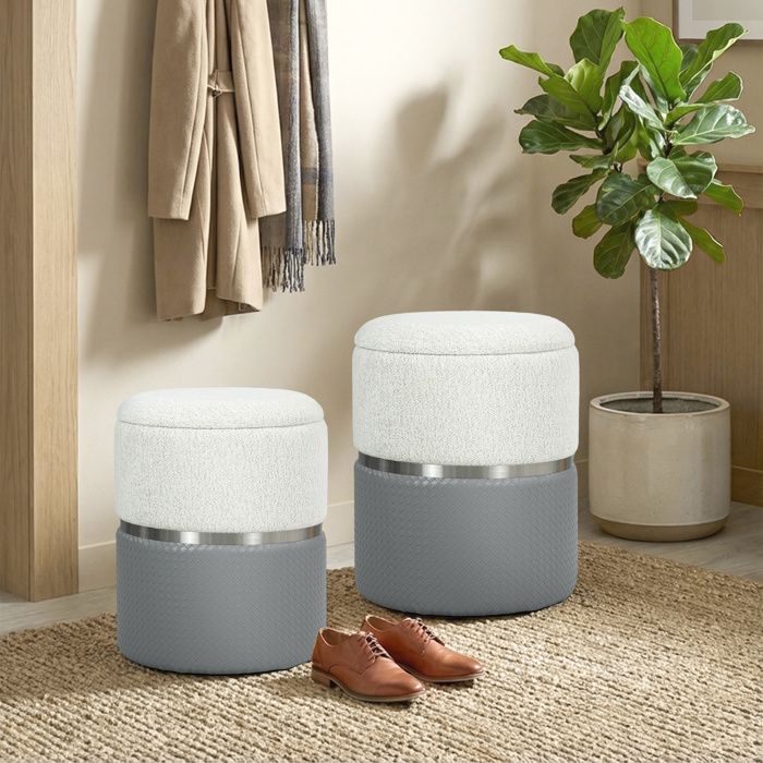 Lot de 2 poufs de rangement en chenille et PU assise rembourrée gris et blanc crème pour entrée et chambre
