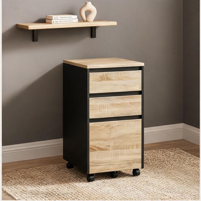 Meuble de rangement à roulettes classic black et chêne clair avec 3 tiroirs 40x40x70 cm