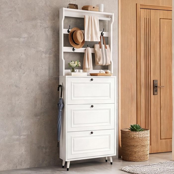 Meuble dentrée multifonction avec penderie patères et rangement à chaussures finition blanc doux 180 x 66 x 17 cm