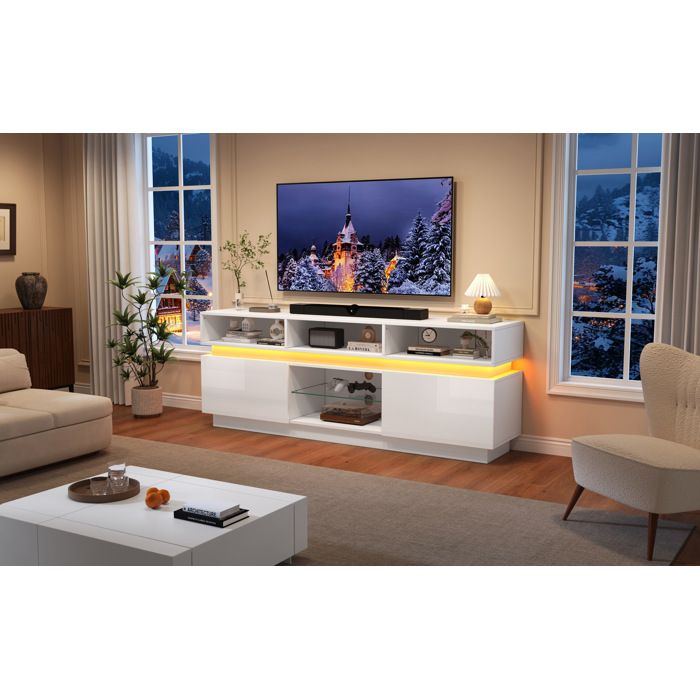 Modenuit Meuble TV 160 x 35 x 60 cm avec LED 10 rangements verre trempé MDF blanc brillant